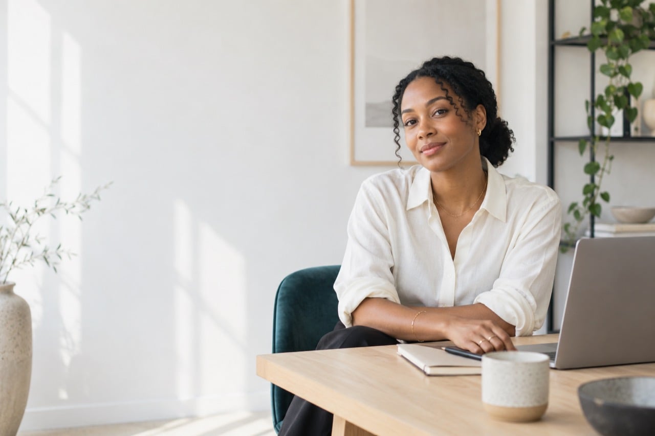 A business owner at her desk in a bright workspace