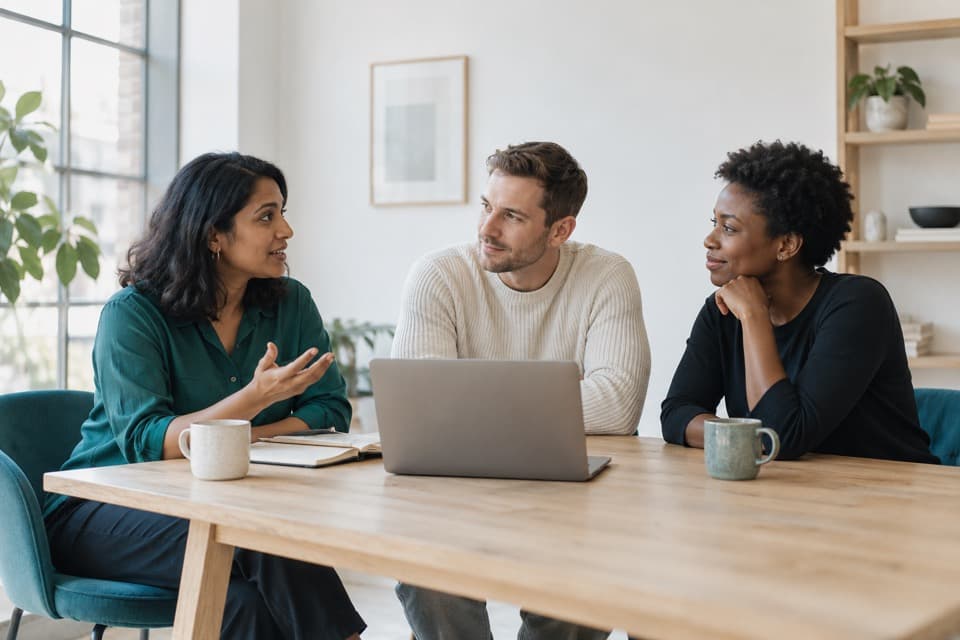 Three colleagues discussing their work around a laptop